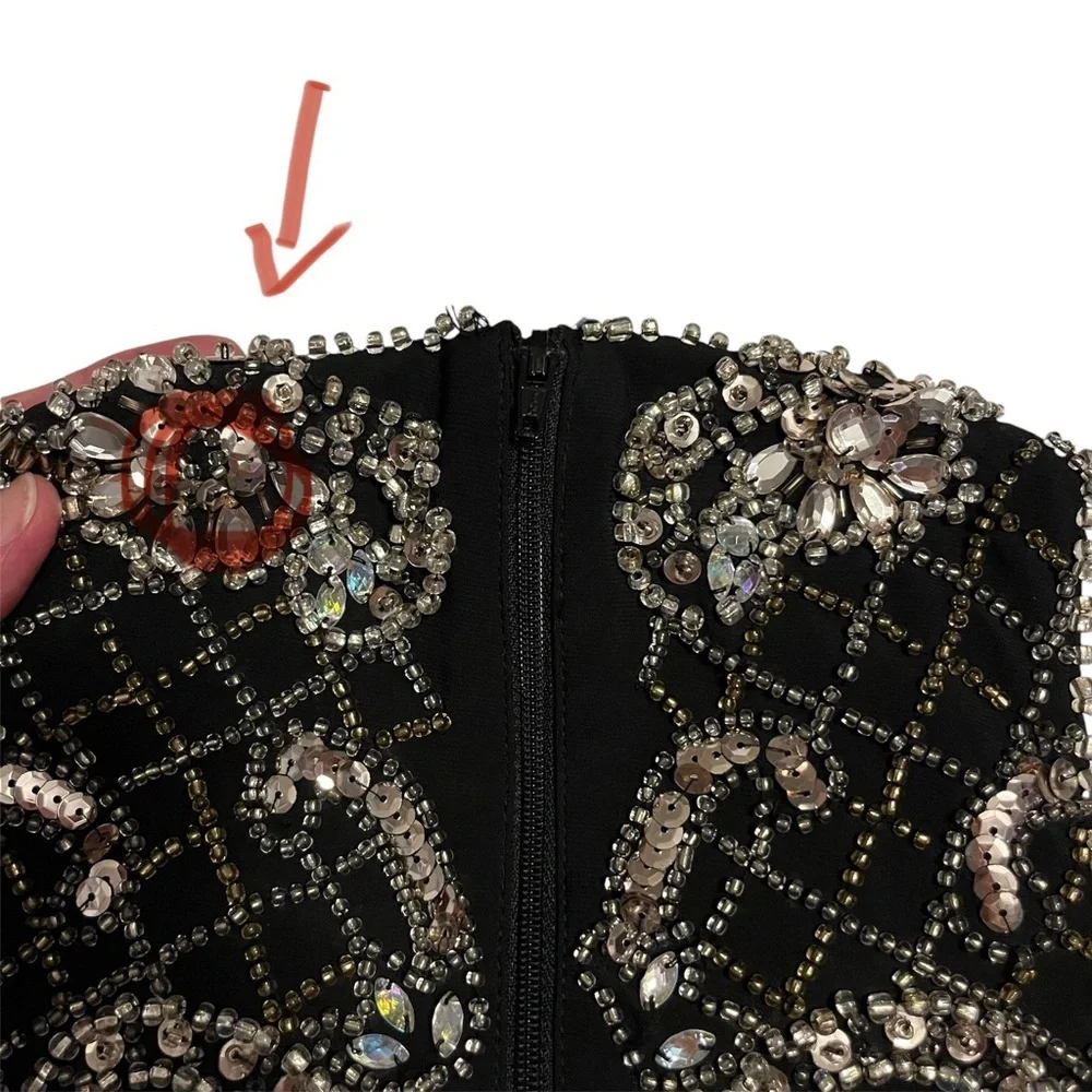 XSCAPE Long Black Beaded Sequin Open Back Sexy Formal Gown with Front Slit Sz 2 - Picture 8 of 14